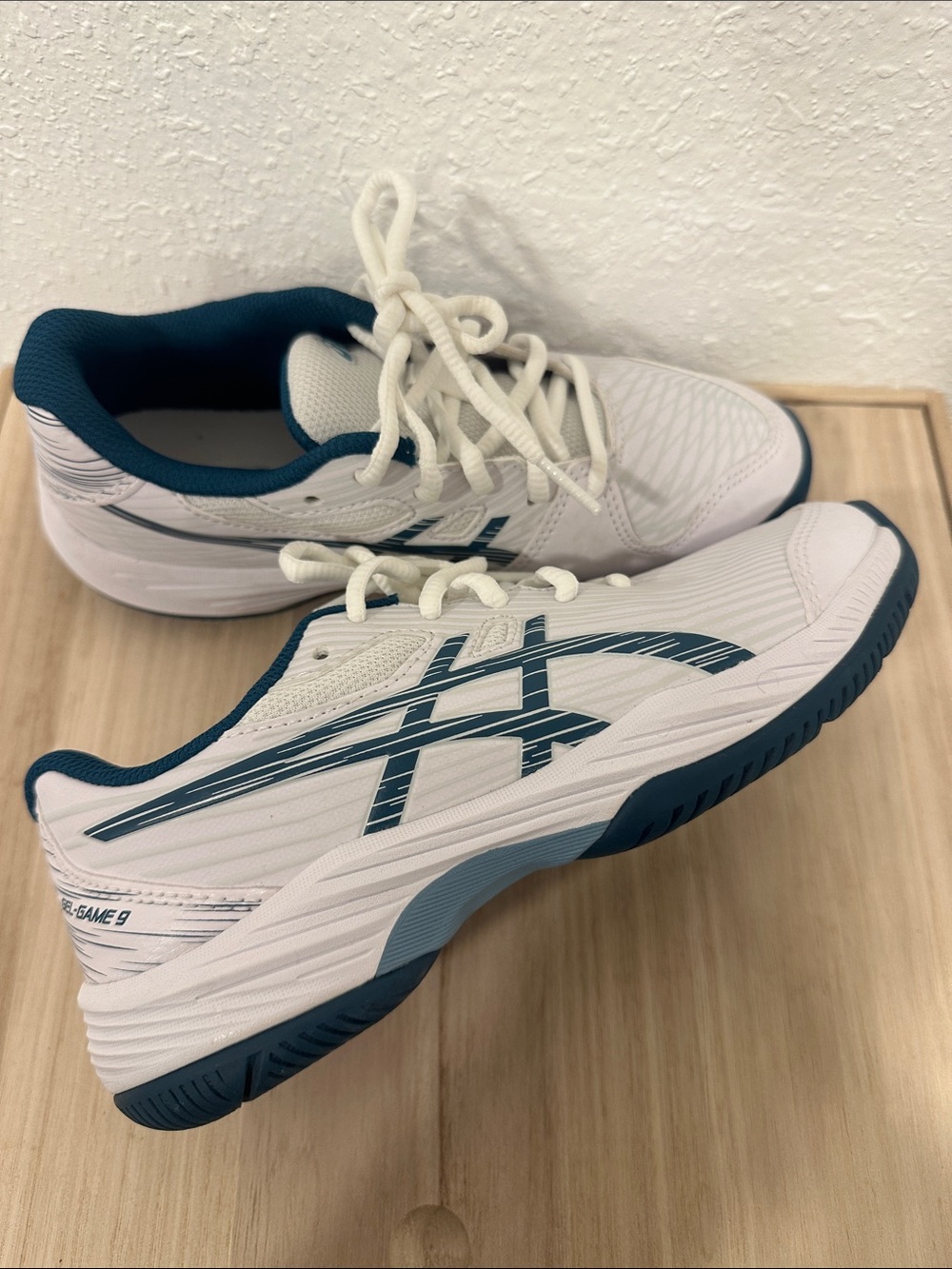 Asics White and Teal Kids' Athletic Sneakers
